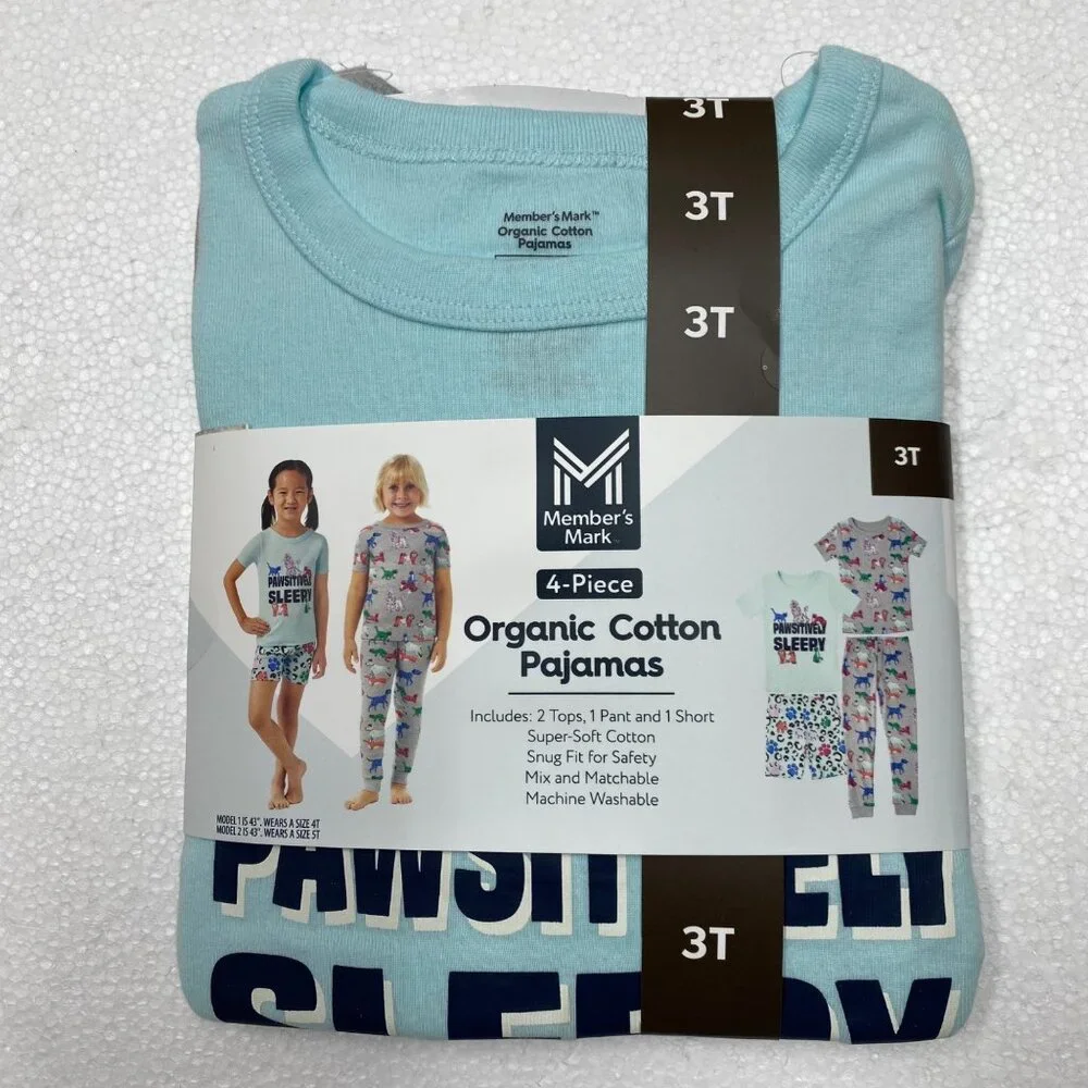Members Mark 4-Piece Organic Cotton Pajamas‎ Set Kids 3T NWT